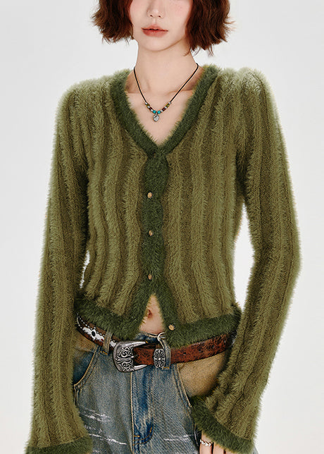 Green V Neck Striped Fuzzy Fur Fluffy Knit Cardigans Winter