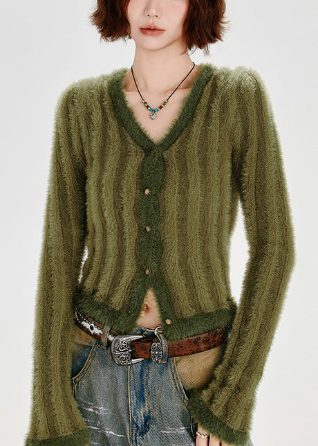 Green V Neck Striped Fuzzy Fur Fluffy Knit Cardigans Winter