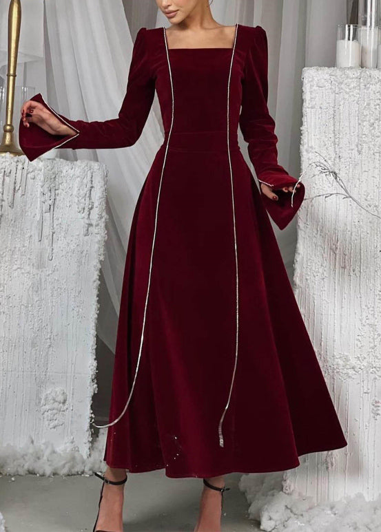 European and American Style Black Square Collar Velvet Dresses Flare Sleeve