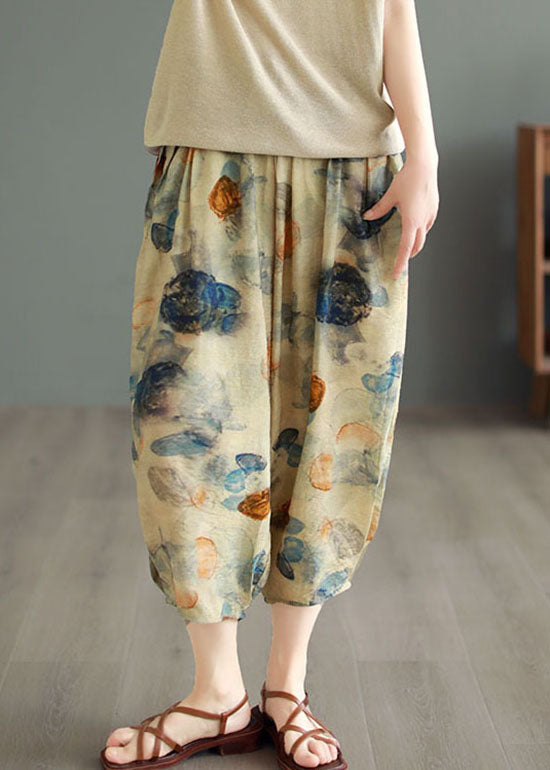 Khaki Elastic Waist Pockets Print Patchwork Cotton Lantern Pants Summer