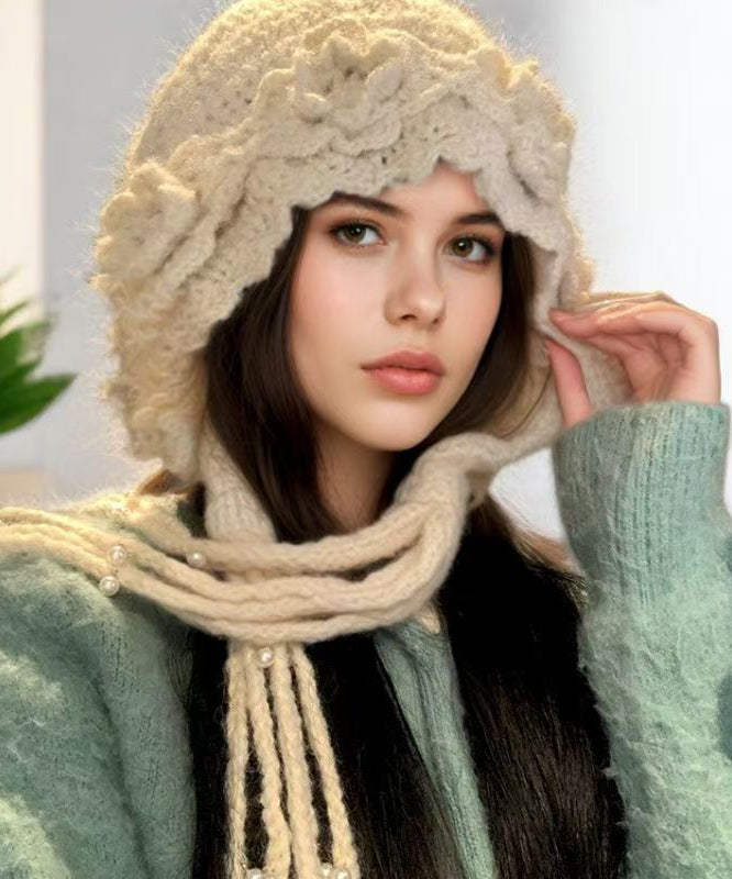 Handmade Beige Tassel Nail Bead Wool Knit Boonie Hat
