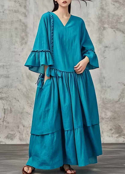 Peacock Blue Oversized Patchwork Cotton Maxi Dresses Fall