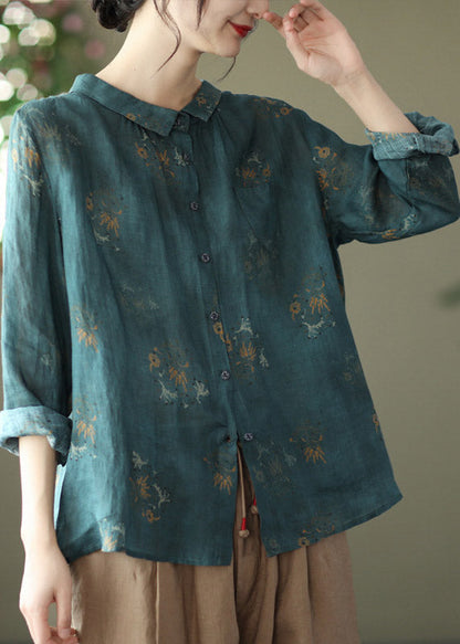 Retro Peacock Purple Peter Pan Collar Print Button Wrinkled Shirts Long Sleeve