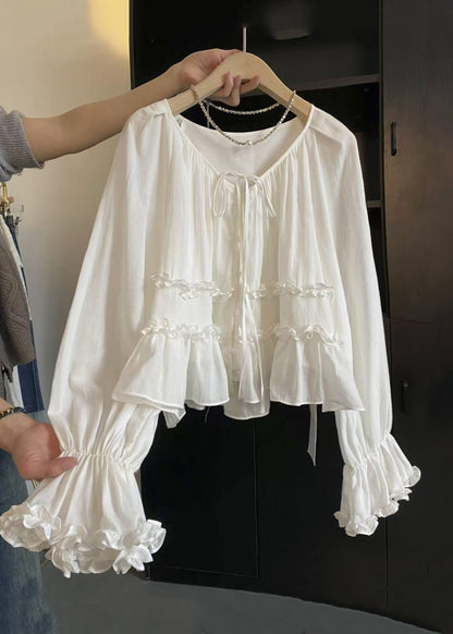 White Ruffled Lace Up Cotton Shirts Fall