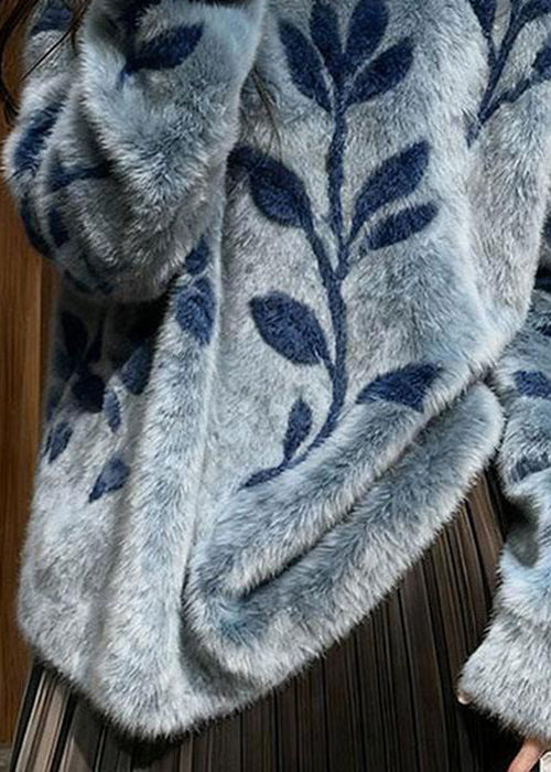 Jacquard Blue O-neck Cozy Mink Hair Knitted Sweater Spring