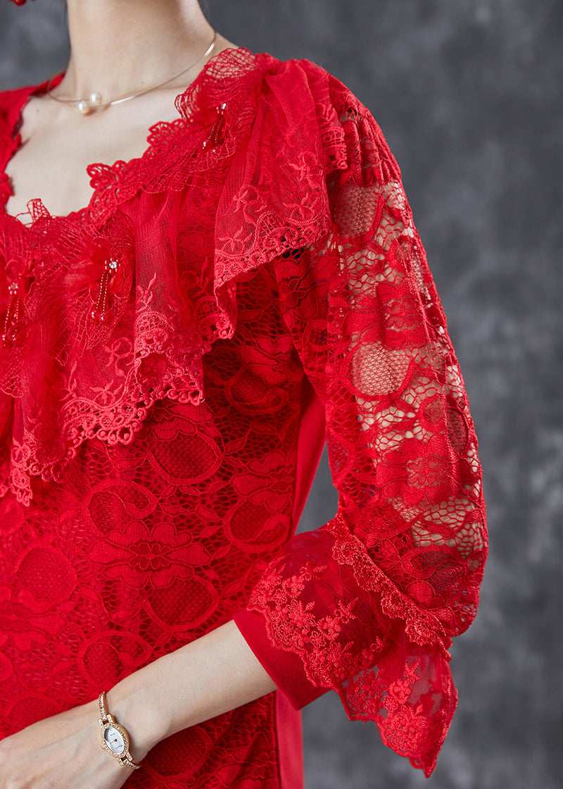 Red Hollow Out Nail Bead Lace Shirt Top Summer