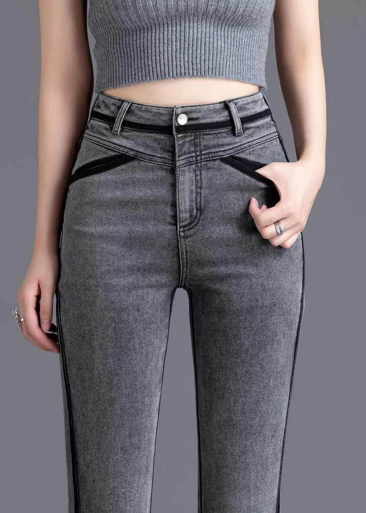 Grey Silm Fit Patchwork Denim Bell-bottom Trousers Spring