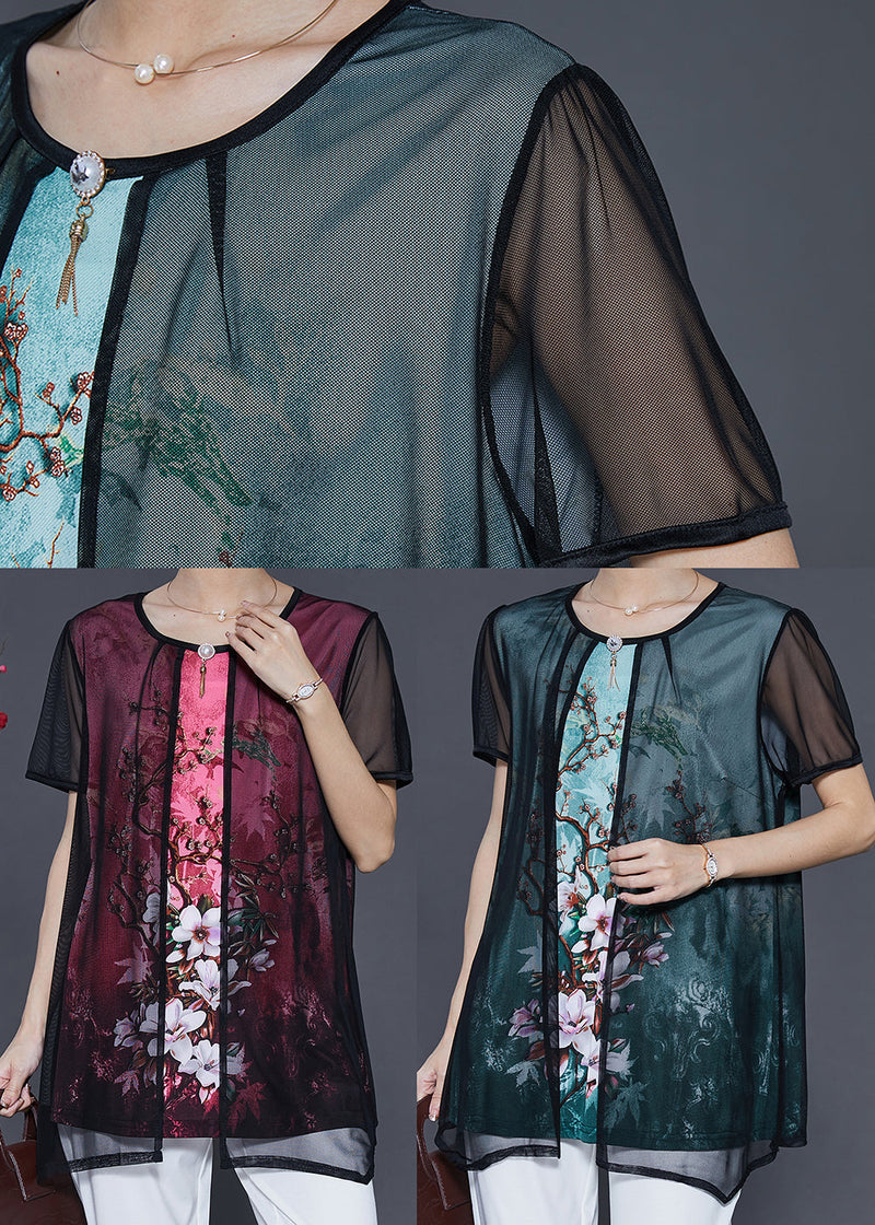 Green Flower Tulle Fake Two Piece Shirt Tops Summer