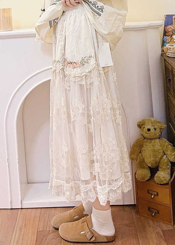 Beige Embroidered Elastic Waist Patchwork Tulle Skirt Spring