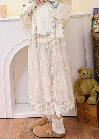 Beige Embroidered Elastic Waist Patchwork Tulle Skirt Spring