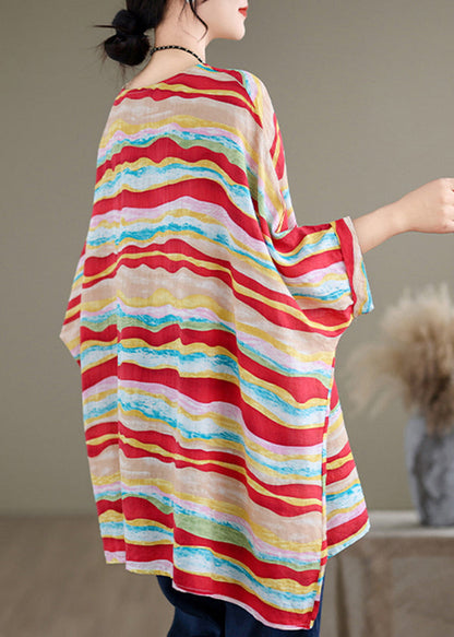 Red O Neck Striped Cotton Blouse Tops Batwing Sleeve