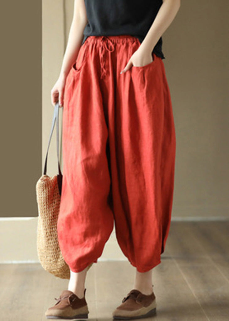 White Wrinkled Tie Waist Linen Lantern Pants Summer