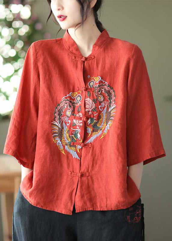Diy Red Stand Collar Embroidered Linen Shirts Long Sleeve