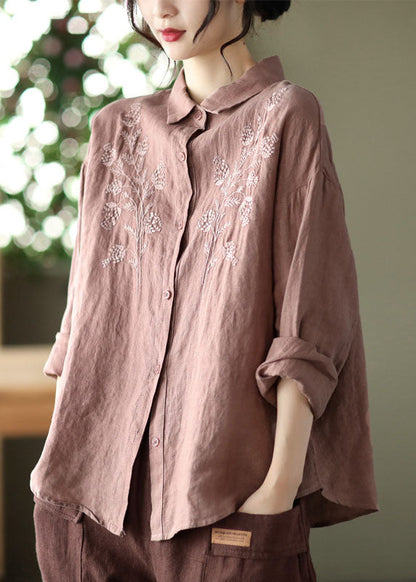 Simple Yellow Button Peter Pan Collar Embroidered Linen Blouse Top Long Sleeve