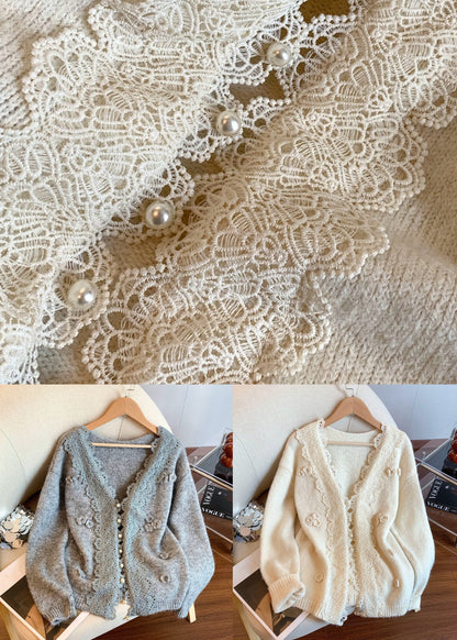 Apricot Button Patchwork Knit Winter Coat V Neck