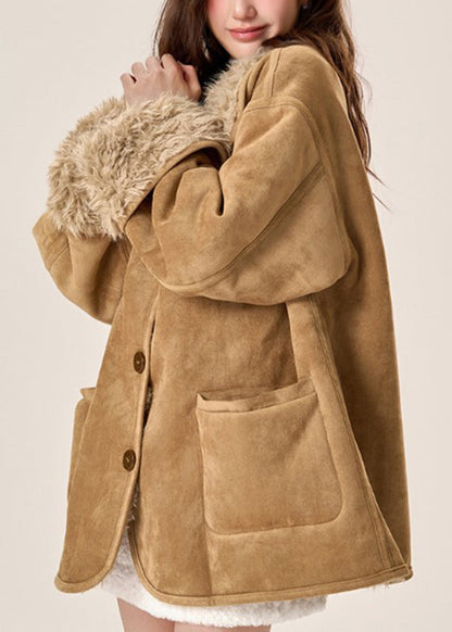 Organic Brown Pockets Fleece Wool Lined Wear on Both Sides Coats Winter