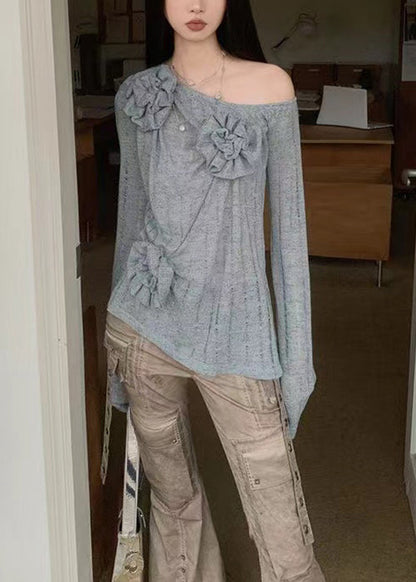 Blue Asymmetrical Knitting Cotton Top Fall