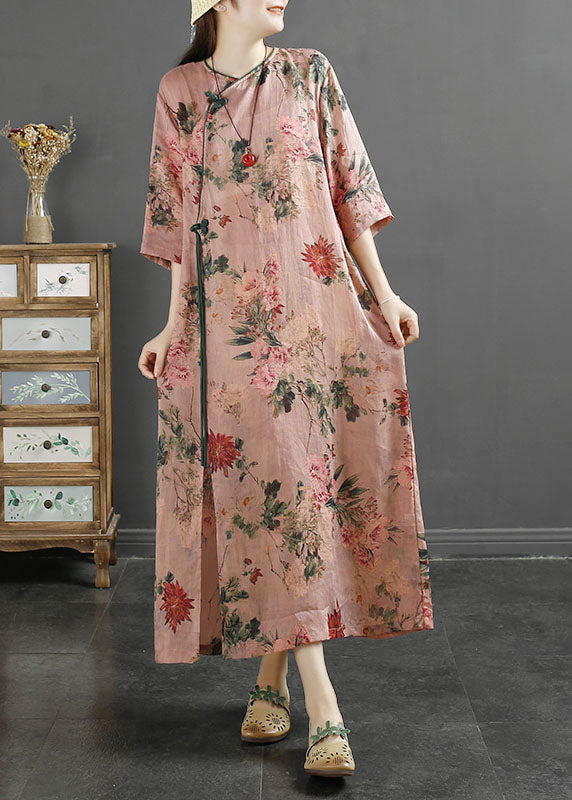 Pink Tasseled Print Patchwork Linen Dresses Summer