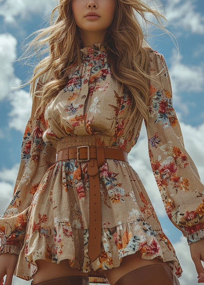 Ruffled Print Patchwork Cotton Mini Dress Long Sleeve