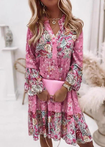 Pink V Neck Print Wrinkled Mid Dresses Fall
