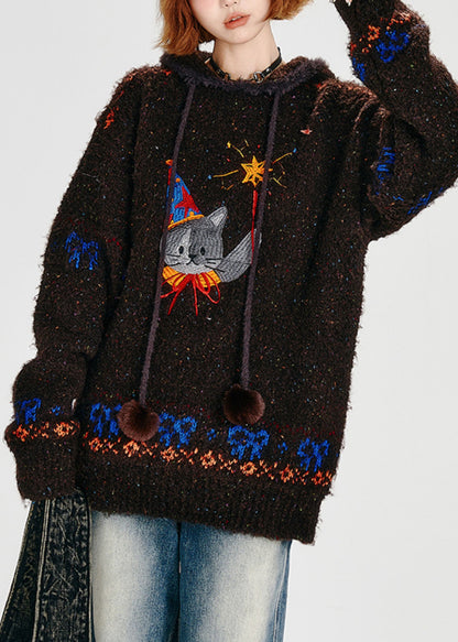 Choaolate Hooded Cat Embroidered Knit Loose Sweatshirt Winter