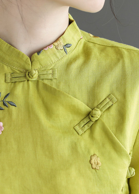 Fitted Yellow Mandarin Collar Embroidered Linen Blouse Top Long Sleeve
