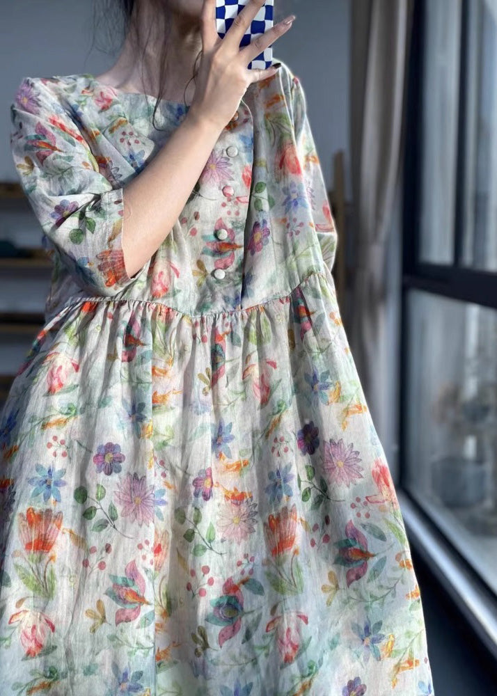 O Neck Print Patchwork Cotton Dress Bracelet Sleeve