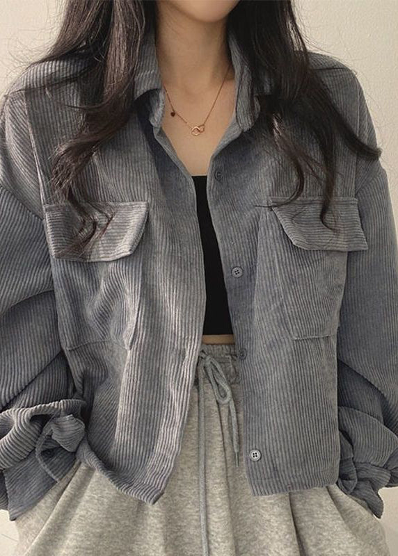 Coffee Peter Pan Collar Pockets Corduroy Short Coat Fall