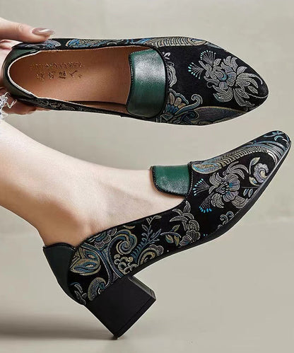 Green Chunky Heel Embossed Splicing