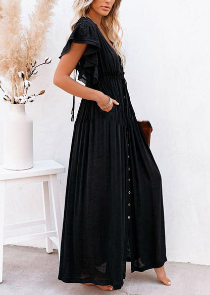 Black Ruffled Patchwork Long Dress Summer