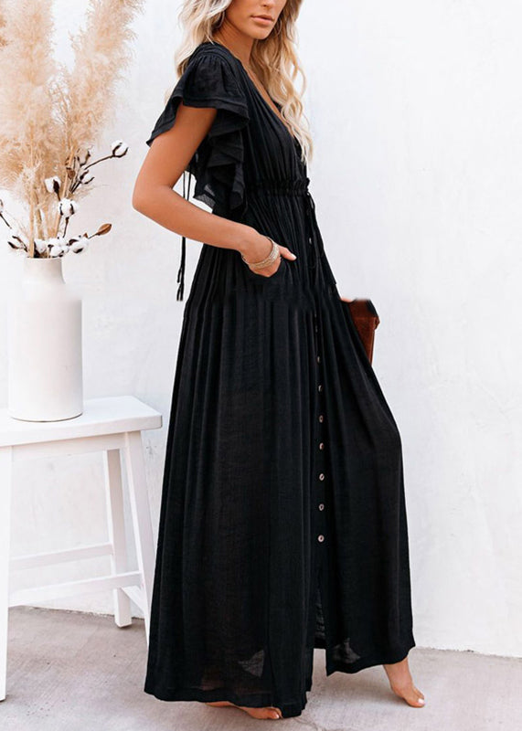 Black Ruffled Patchwork Long Dress Summer