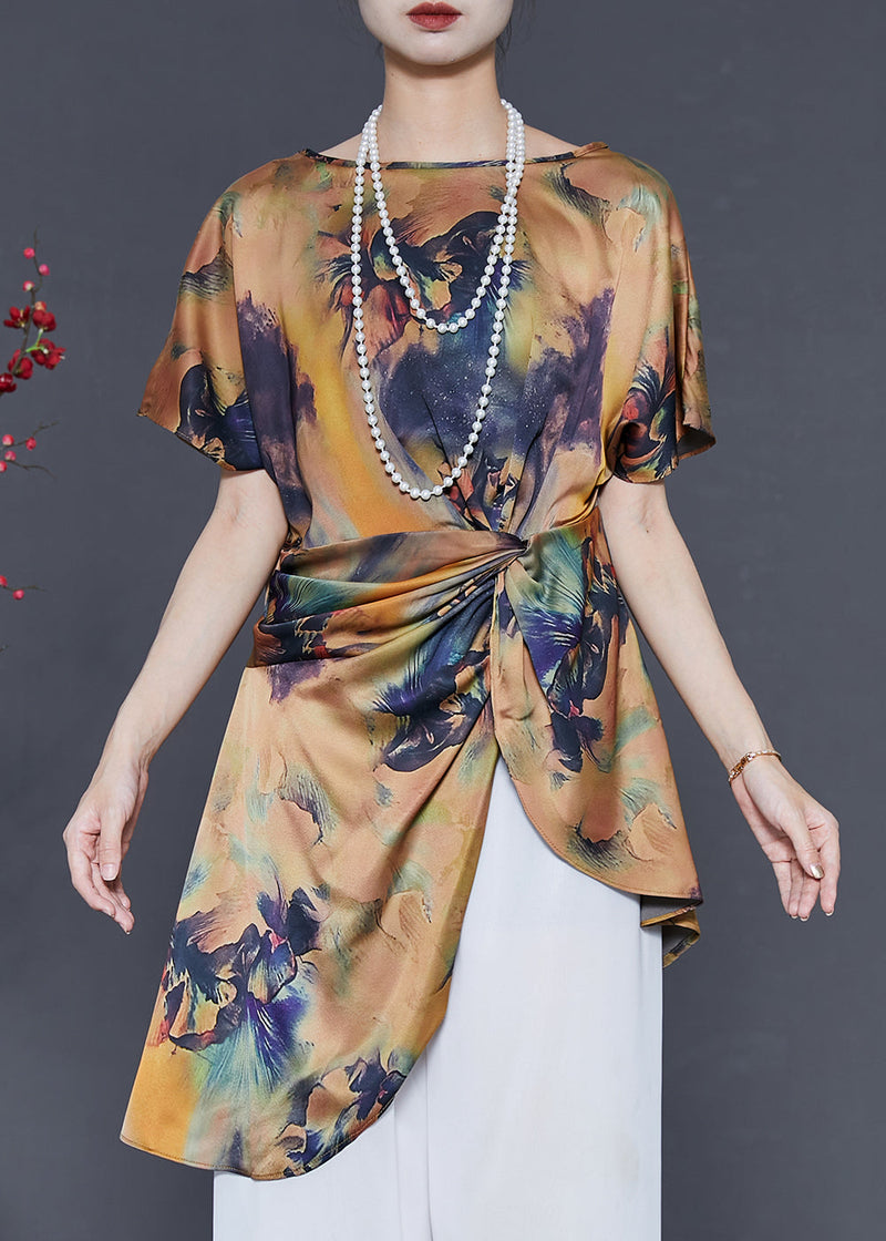 Khaki Asymmetrical Print Silk Tops Summer