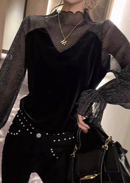 Stylish Black Tulle Patchwork Silk Velour Blouses Flare Sleeve