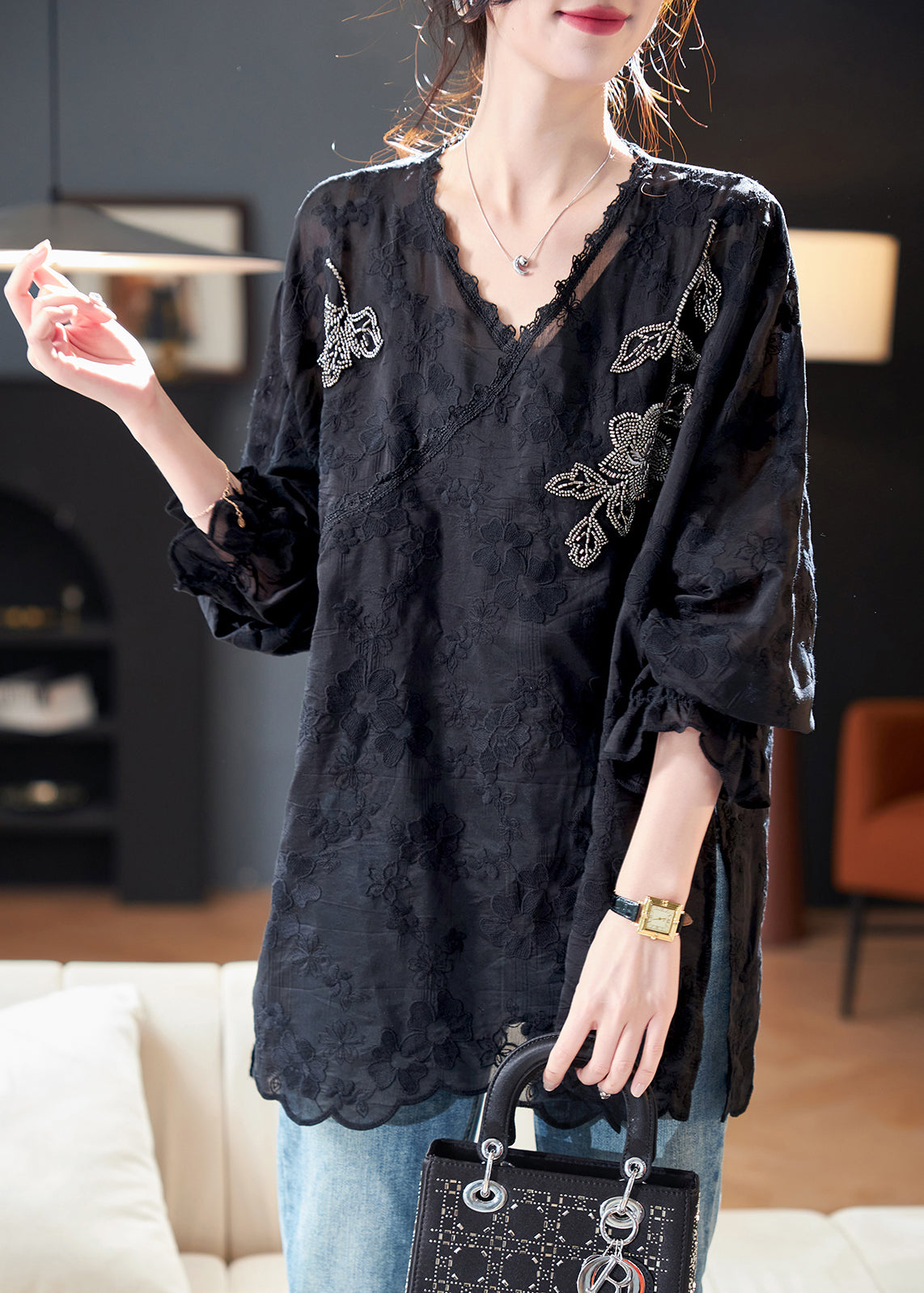 Stylish Black V Neck Embroidered Cotton Top Fall