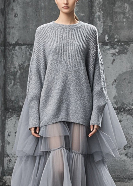 Grey Oversized Patchwork Tulle Sweater Dress Fall