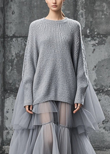 Grey Oversized Patchwork Tulle Sweater Dress Fall