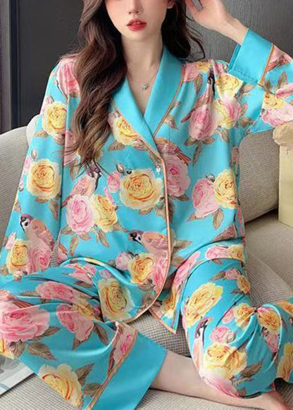 Blue Roses Print Blouses and Pants Ice Silk Pajamas Two Pieces Set Spring