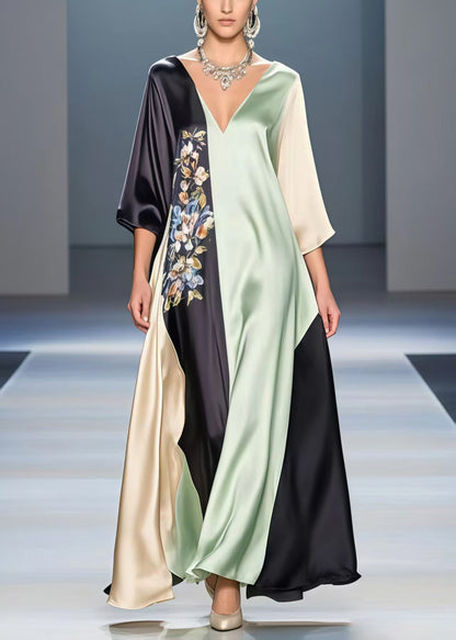 Multicolour V Neck Patchwork Print Silk Party Dress Summer