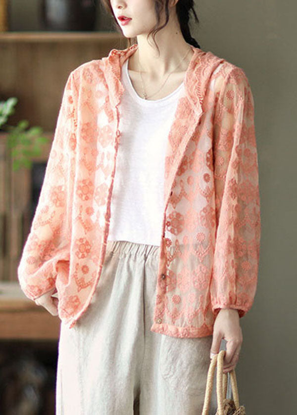 Loose Pink Embroidered Patchwork Lace Cardigans Long Sleeve