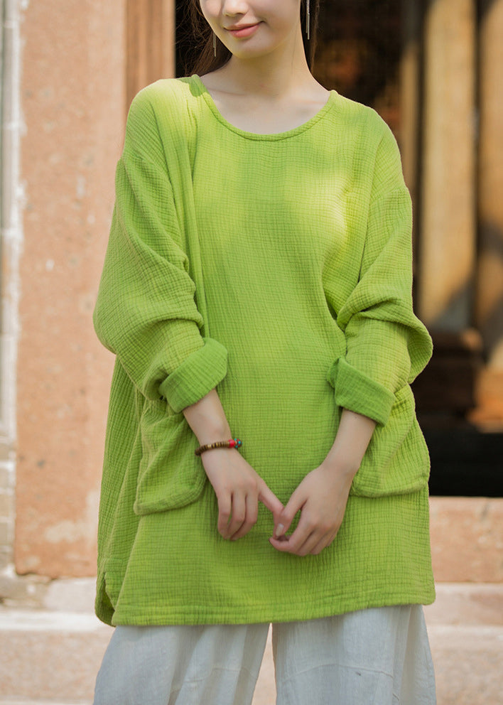New Loose Fluorescent Green O Neck Pockets Cotton Blouse Top Fall