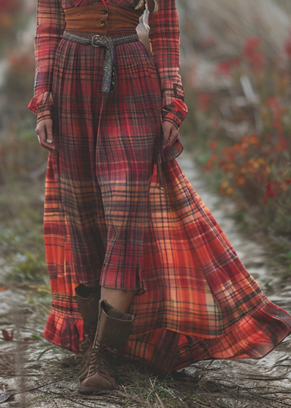 Pastoral Style Plaid Maxi Dress Long Sleeve