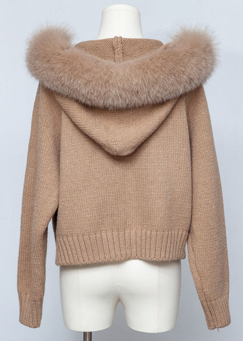 Coffee Zippered Patchwork Knit Fall Coats Hooded