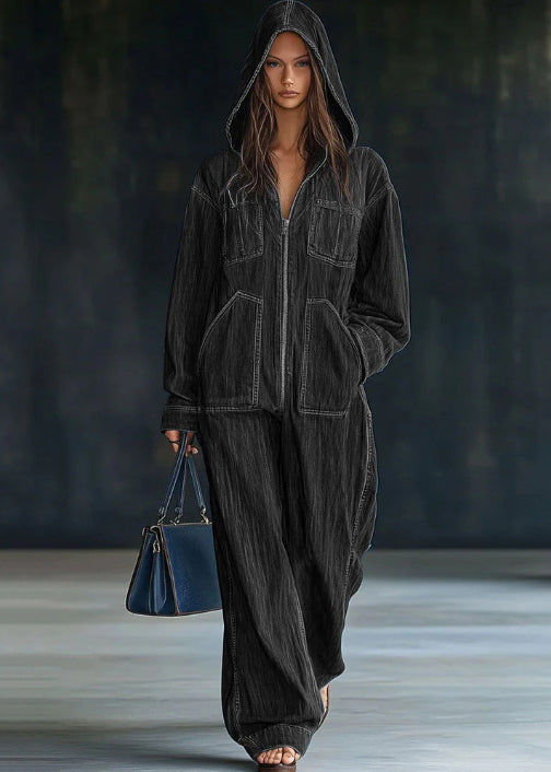 Black Hooded Zippered Patchwork Denim Jumpsuit Fall