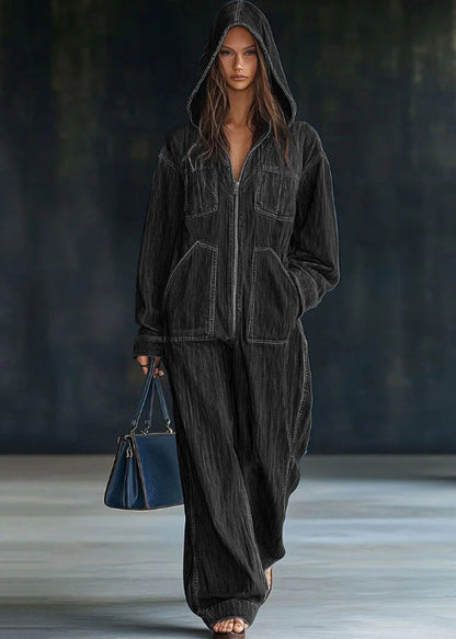 Black Hooded Zippered Patchwork Denim Jumpsuit Fall