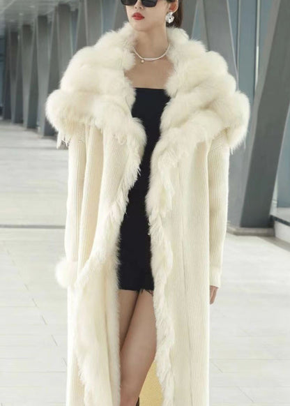 Classy Beige Fox Collar Patchwork Knit Cardigan Winter
