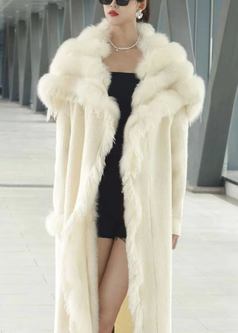 Classy Beige Fox Collar Patchwork Knit Cardigan Winter