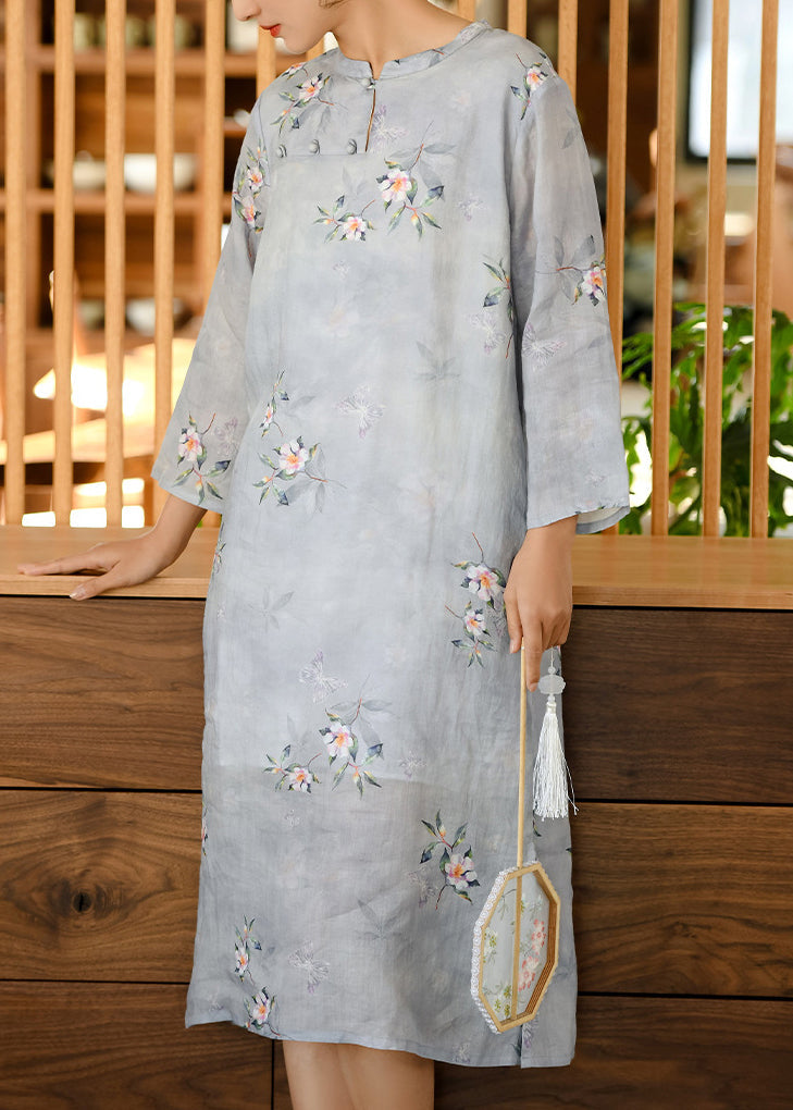 Green Stand Collar Print Linen Dresses Spring