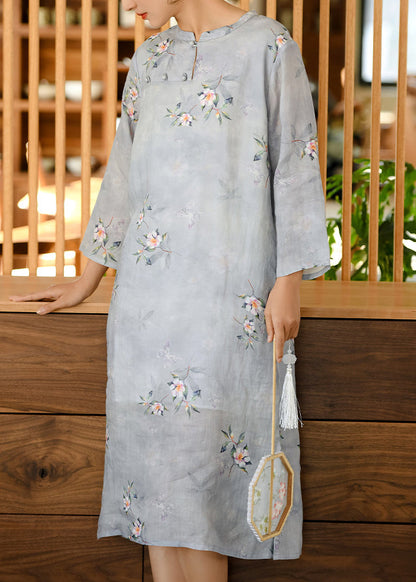Green Stand Collar Print Linen Dresses Spring