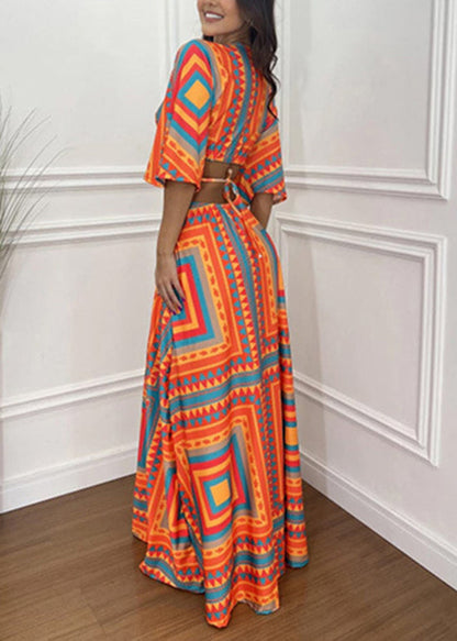 Orange V Neck Print Hollow Out Cotton Dresses Batwing Sleeve