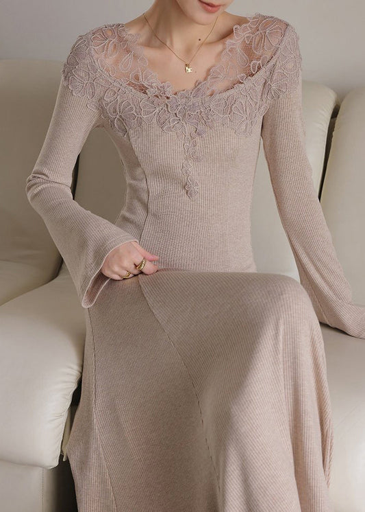 Fine Oatmeal O-neck Lace Patchwork Cotton Knit Long Sweater Dress Spring